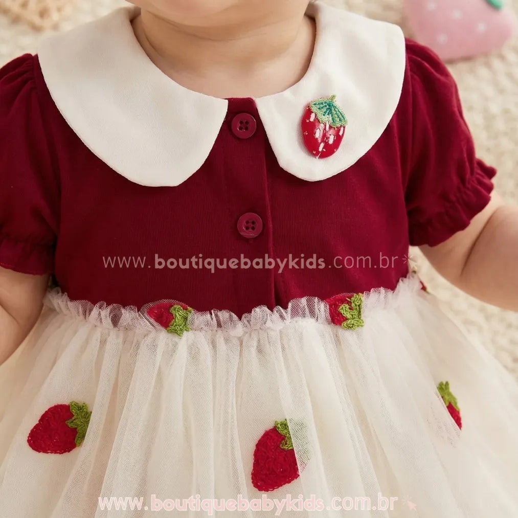 Vestido Bebê Doce Moranguinho com Tule e Gola Clássica - Boutique Baby Kids