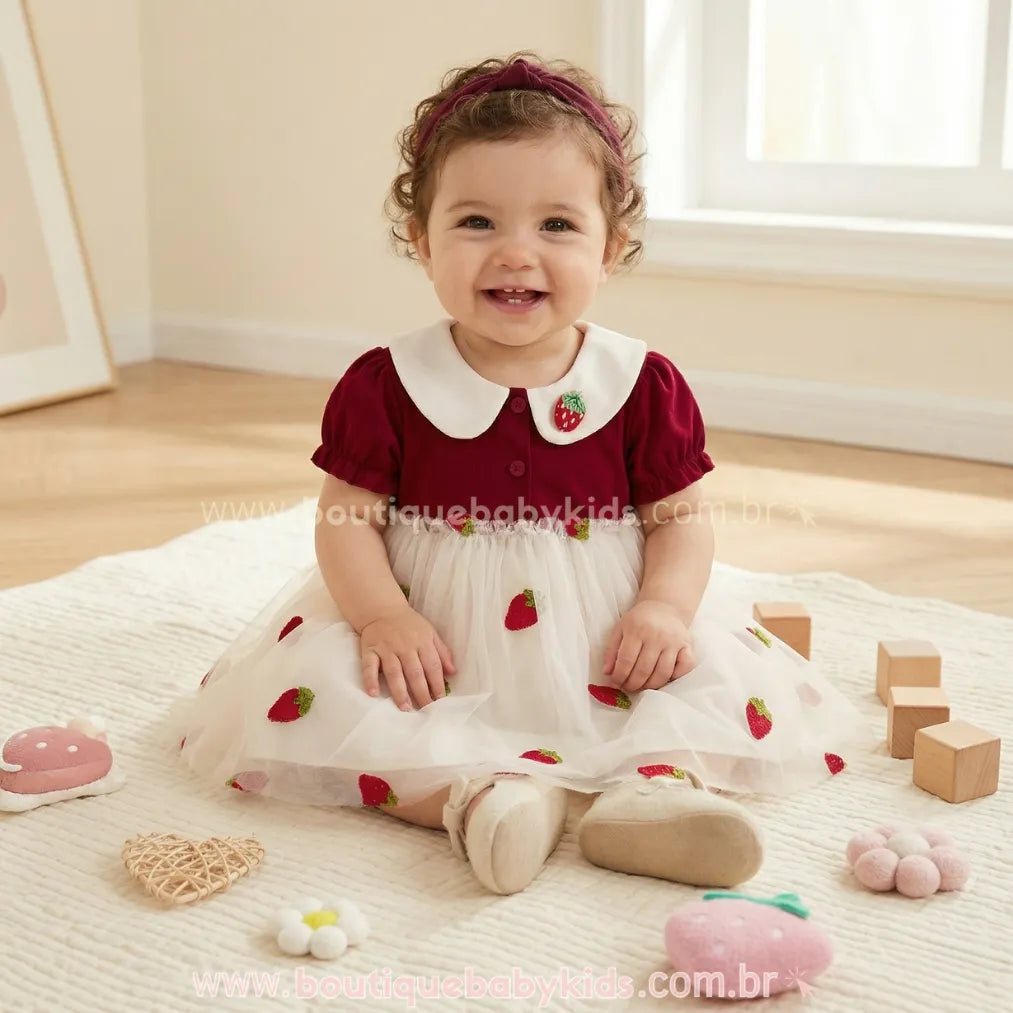 Vestido Bebê Doce Moranguinho com Tule e Gola Clássica - Boutique Baby Kids