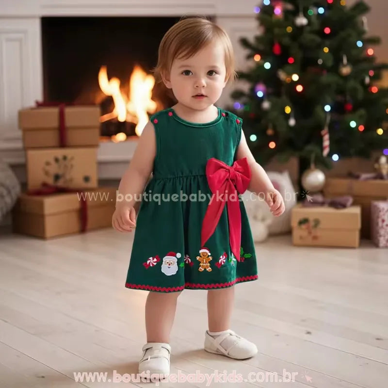 Vestido Infantil Bordado Natal Encantado com Laço Verde - Boutique Baby Kids