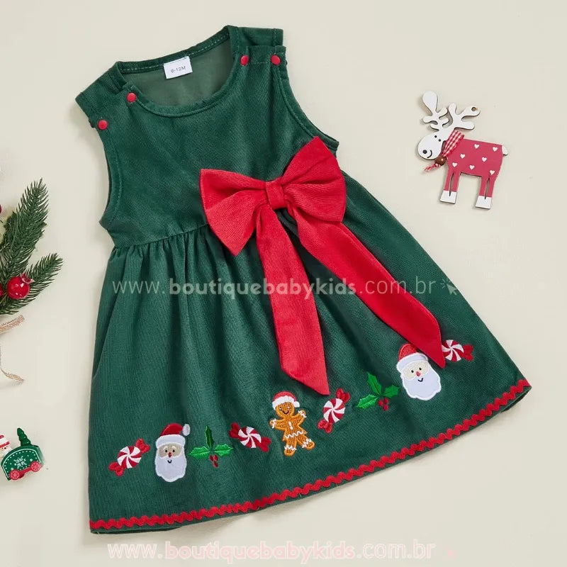 Vestido Infantil Bordado Natal Encantado com Laço Verde - Boutique Baby Kids
