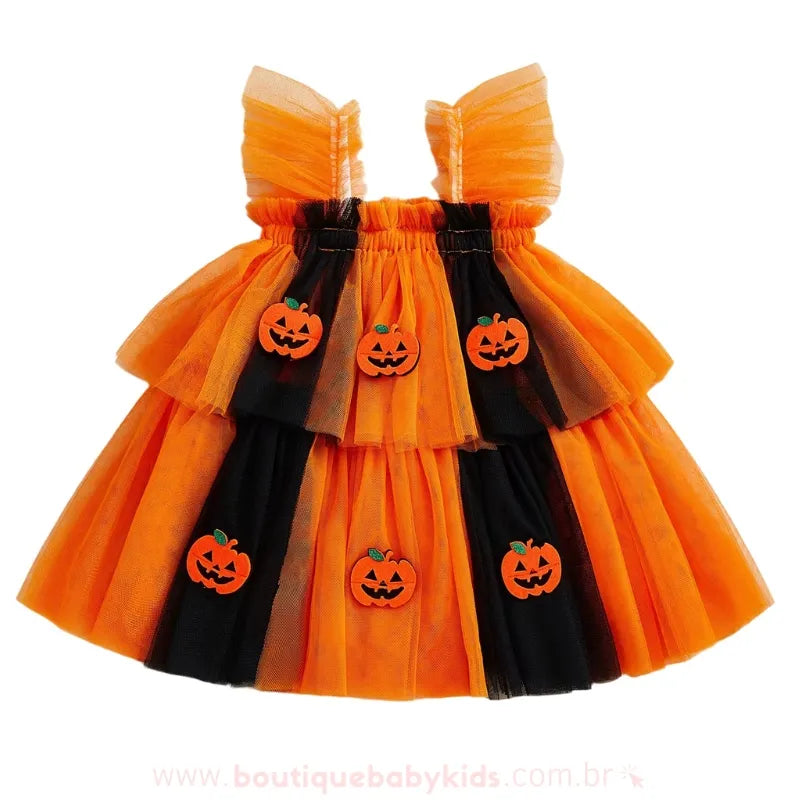 Vestido Infantil de Tule Temático de Halloween Abóboras Assombradas - Boutique Baby Kids