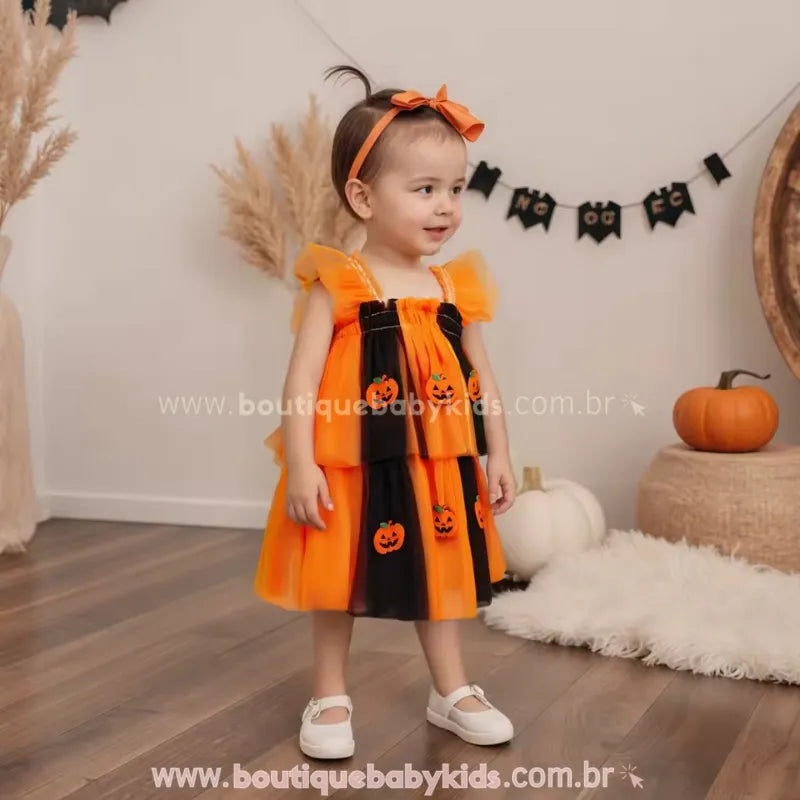 Vestido Infantil de Tule Temático de Halloween Abóboras Assombradas - Boutique Baby Kids