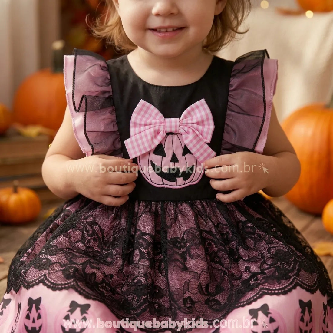 Vestido Infantil Abóborinha Cor-de-Rosa para Halloween - Boutique Baby Kids