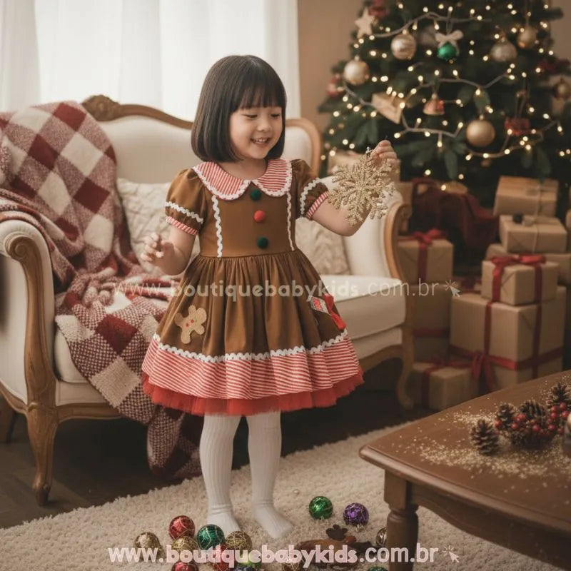 Vestido Infantil Natalino Biscoitinho Doce de Gengibre Marrom - Boutique Baby Kids