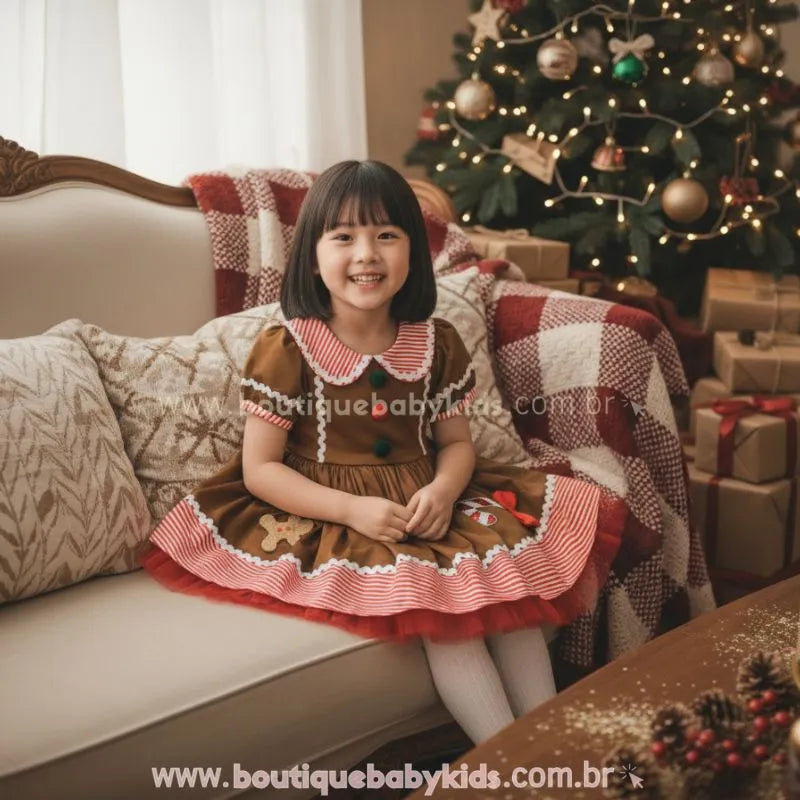 Vestido Infantil Natalino Biscoitinho Doce de Gengibre Marrom - Boutique Baby Kids