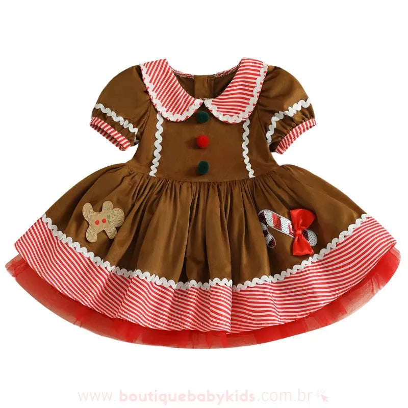 Vestido Infantil Natalino Biscoitinho Doce de Gengibre Marrom - Boutique Baby Kids