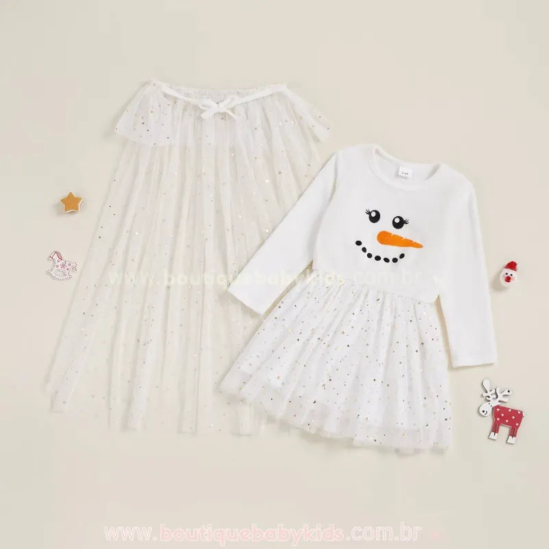 Vestido Infantil de Natal Boneco de Neve com Capa de Tule - Boutique Baby Kids