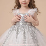 Vestido Infantil de Festa com Pérolas, Tule e Brilho de Paetês Prateado - Boutique Baby Kids