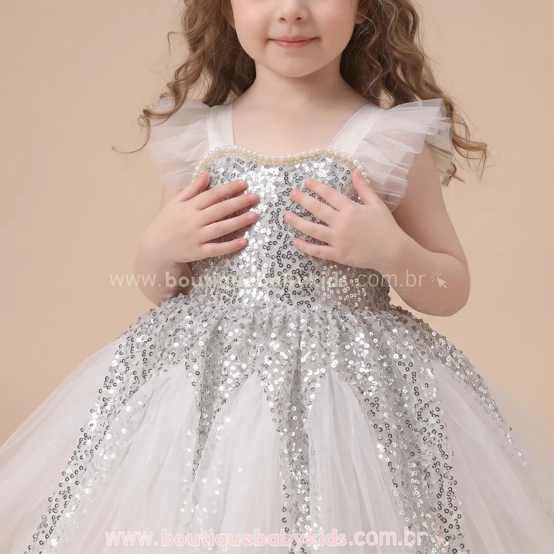 Vestido Infantil de Festa com Pérolas, Tule e Brilho de Paetês Prateado - Boutique Baby Kids