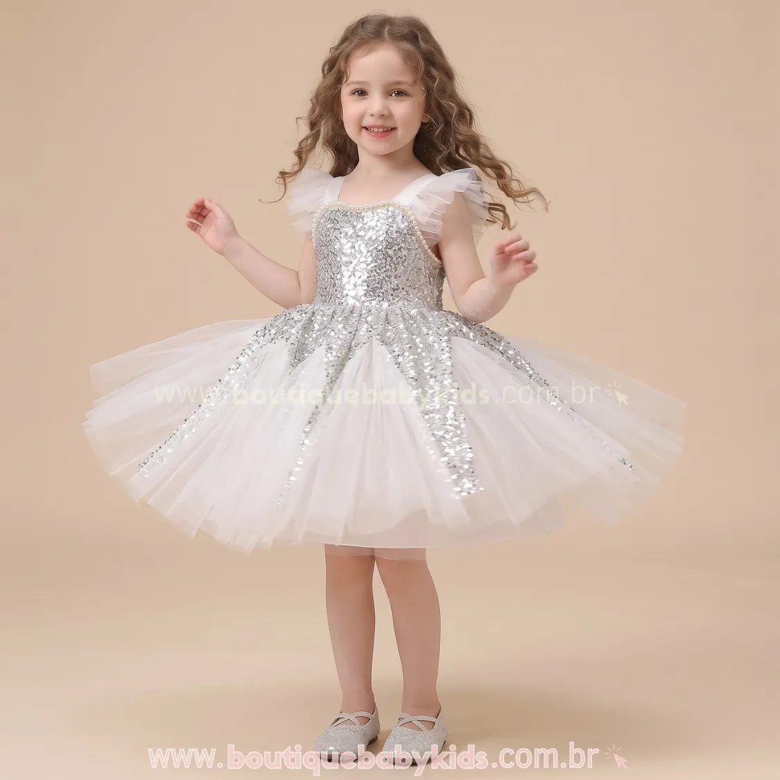Vestido Infantil de Festa com Pérolas, Tule e Brilho de Paetês Prateado - Boutique Baby Kids