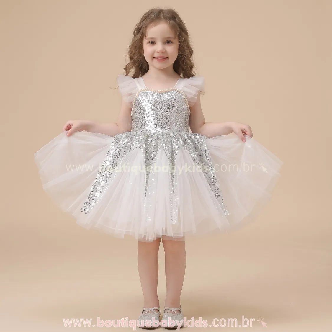 Vestido Infantil de Festa com Pérolas, Tule e Brilho de Paetês Prateado - Boutique Baby Kids