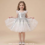 Vestido Infantil de Festa com Pérolas, Tule e Brilho de Paetês Prateado - Boutique Baby Kids