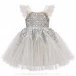 Vestido Infantil de Festa com Pérolas, Tule e Brilho de Paetês Prateado - Boutique Baby Kids
