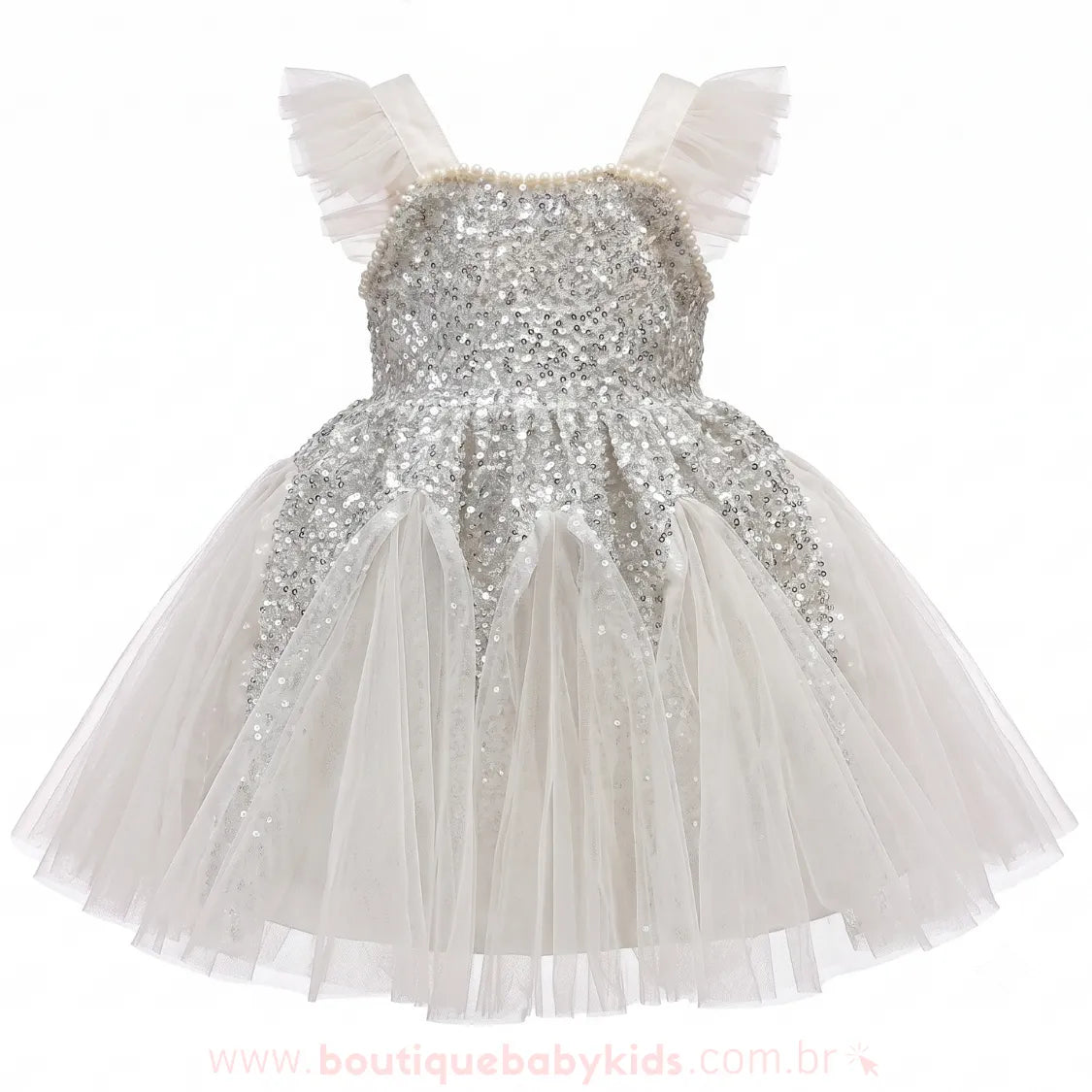 Vestido Infantil de Festa com Pérolas, Tule e Brilho de Paetês Prateado - Boutique Baby Kids