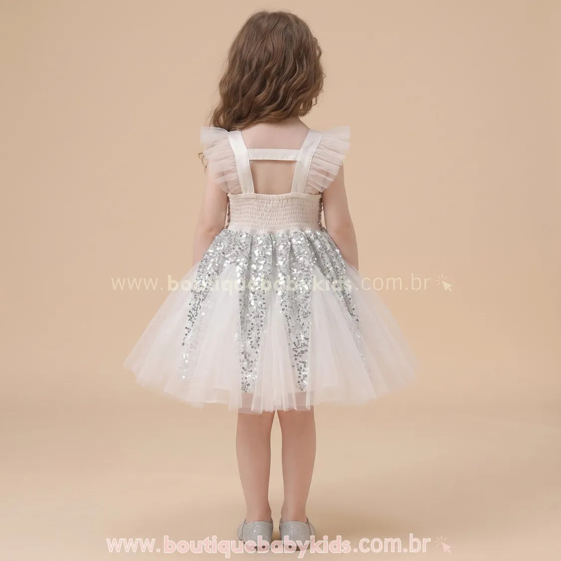 Vestido Infantil de Festa com Pérolas, Tule e Brilho de Paetês Prateado - Boutique Baby Kids