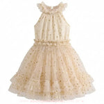 Foto do produto Vestido Infantil Brilho das Estrelas com fundo branco. Modelo sem mangas, gola alta com babados e saia volumosa de tule com estrelas douradas.