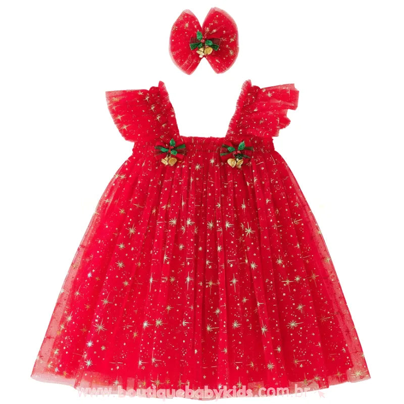 Vestido Infantil Tule Brilho Mágico de Natal com Faixa Vermelho- Boutique Baby  Kids 