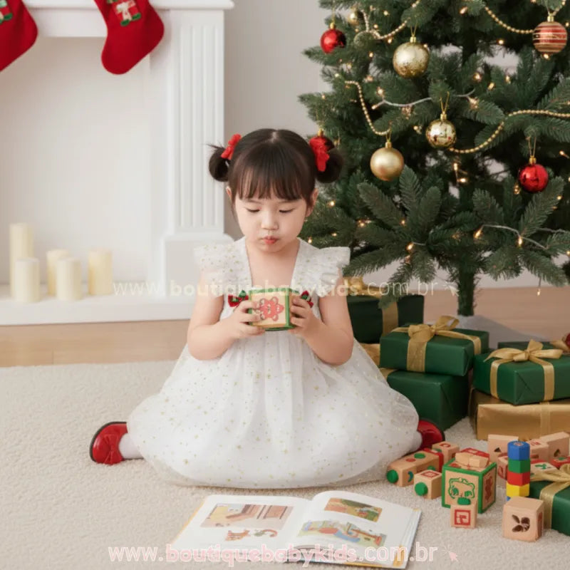 Vestido Infantil Tule Brilho Mágico de Natal com Faixa Branco - Boutique Baby  Kids - 