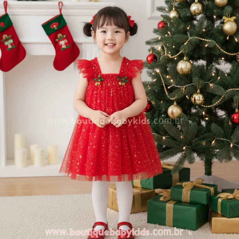 Vestido Infantil Tule Brilho Mágico de Natal com Faixa Vermelho- Boutique Baby  Kids 
