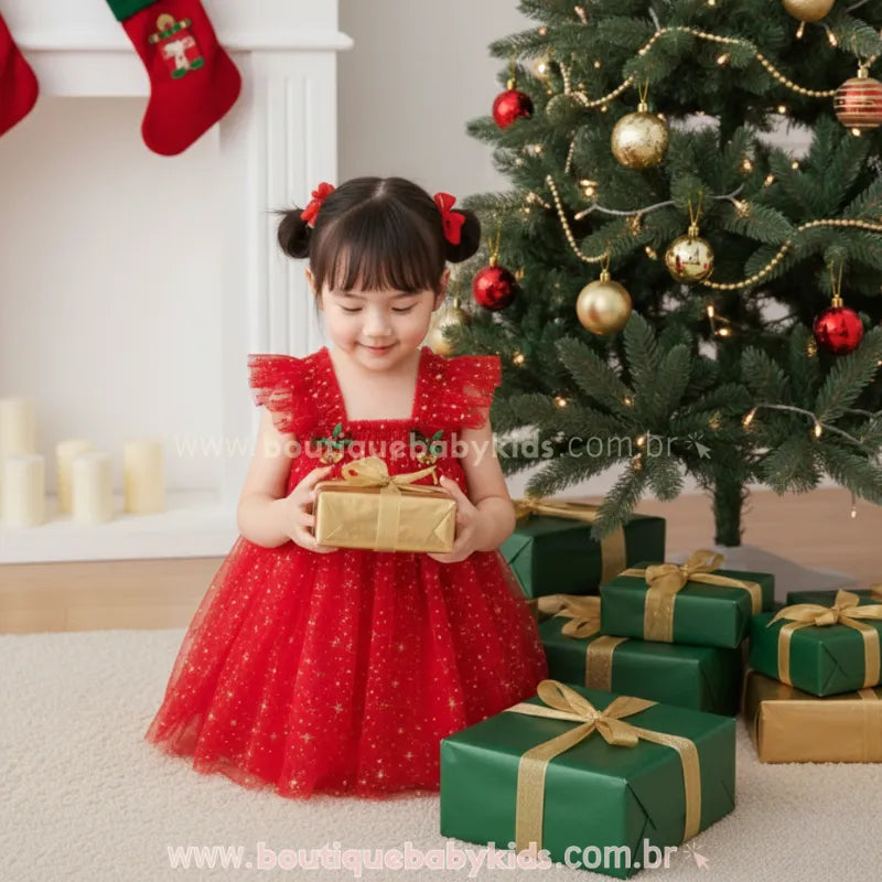 Vestido Infantil Tule Brilho Mágico de Natal com Faixa Vermelho- Boutique Baby  Kids 