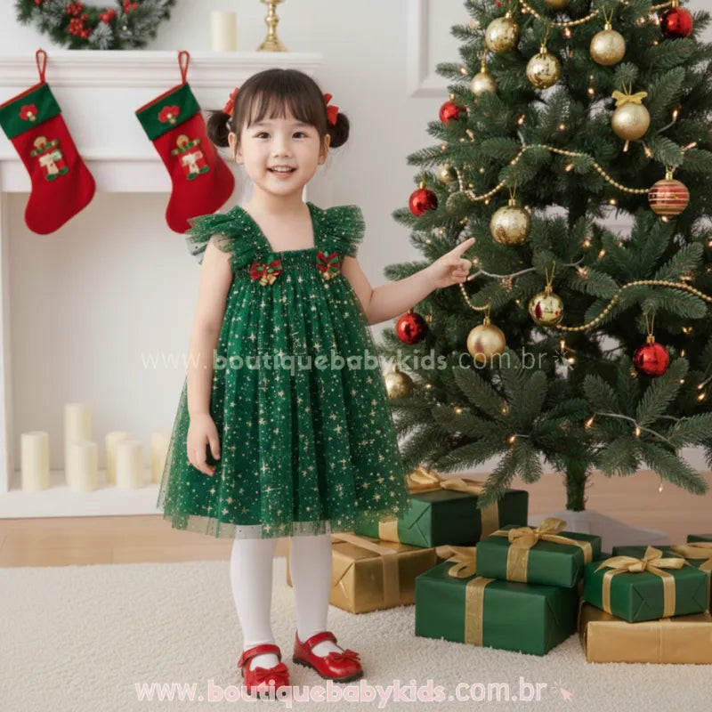 Vestido Infantil Tule Brilho Mágico de Natal com Faixa Verde - Boutique Baby  Kids 
