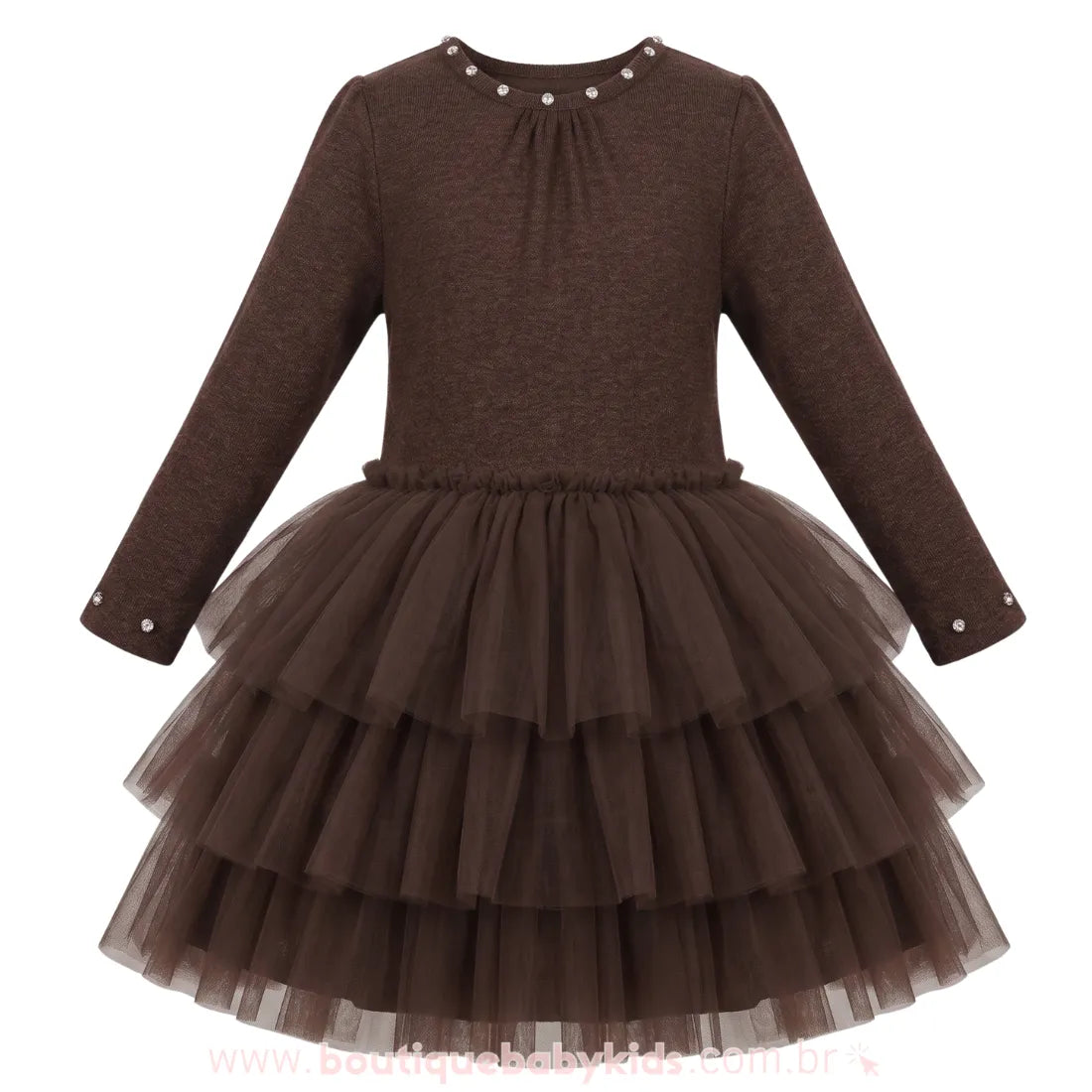 Vestido Infantil Chocolate Royale com Tule e Pedrarias Marrom - Boutique Baby Kids