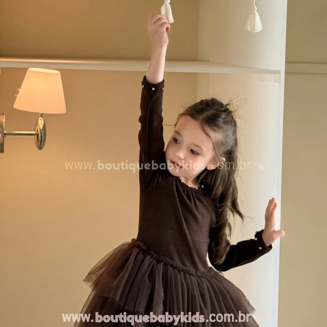 Vestido Infantil Chocolate Royale com Tule e Pedrarias Marrom - Boutique Baby Kids