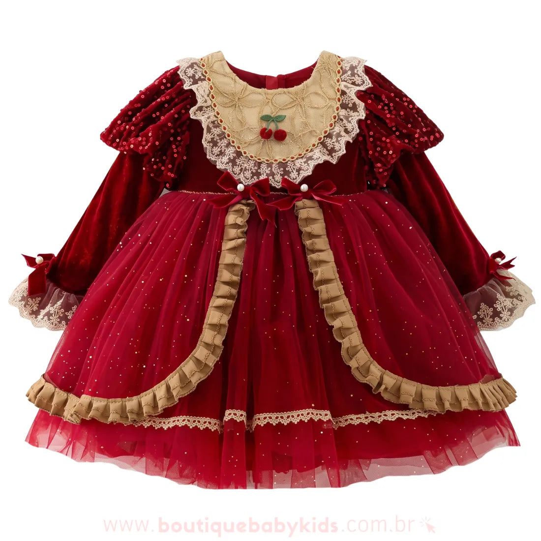 Vestido Infantil Dama das Cerejas em Veludo com Tule e Renda Vermelho - Boutique Baby Kids