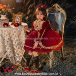 Vestido Infantil Dama das Cerejas em Veludo com Tule e Renda Vermelho - Boutique Baby Kids