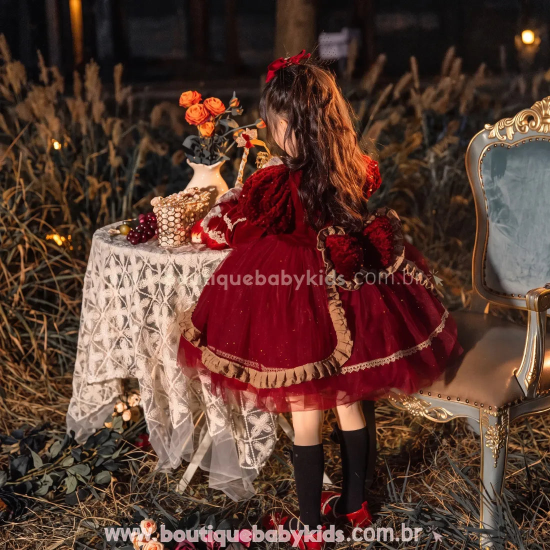 Vestido Infantil Dama das Cerejas em Veludo com Tule e Renda Vermelho - Boutique Baby Kids