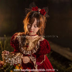 Vestido Infantil Dama das Cerejas em Veludo com Tule e Renda Vermelho - Boutique Baby Kids