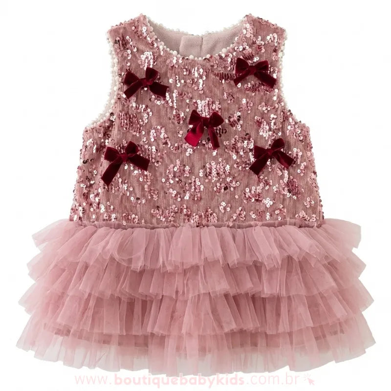Foto de catálogo do Vestido Infantil Doce Elegância Rosé com saia de tule em camadas e brilho.