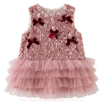 Foto de catálogo do Vestido Infantil Doce Elegância Rosé com saia de tule em camadas e brilho.