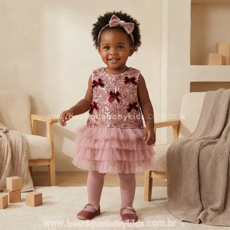 Menina vestindo o Vestido Infantil Doce Elegância Rosé com saia de tule e tiara de laço em cenário clean.