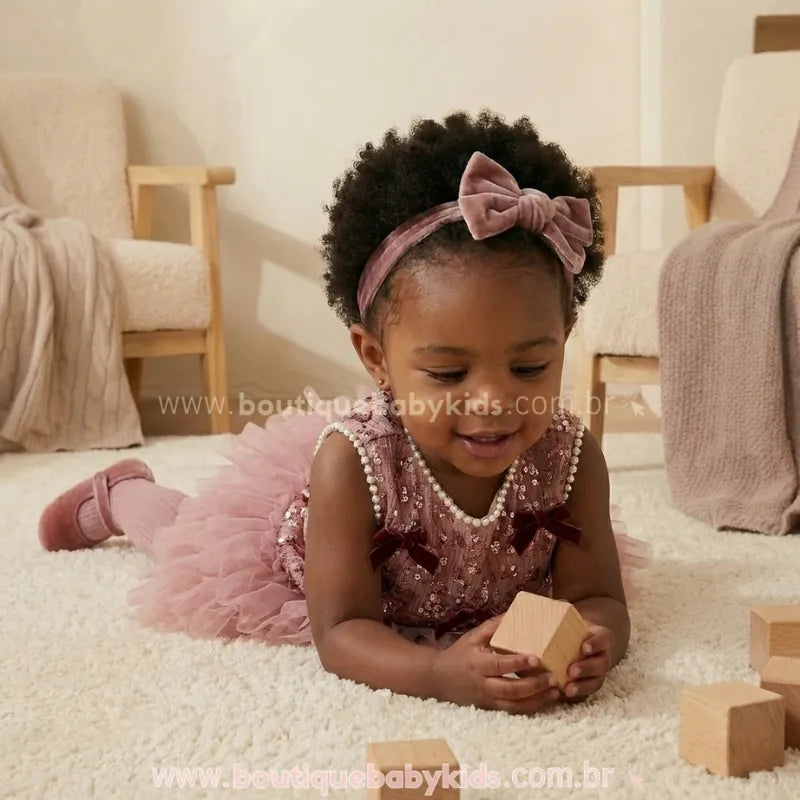 Modelo mirim brincando com blocos de madeira usando vestido de festa infantil luxo na cor rosé.