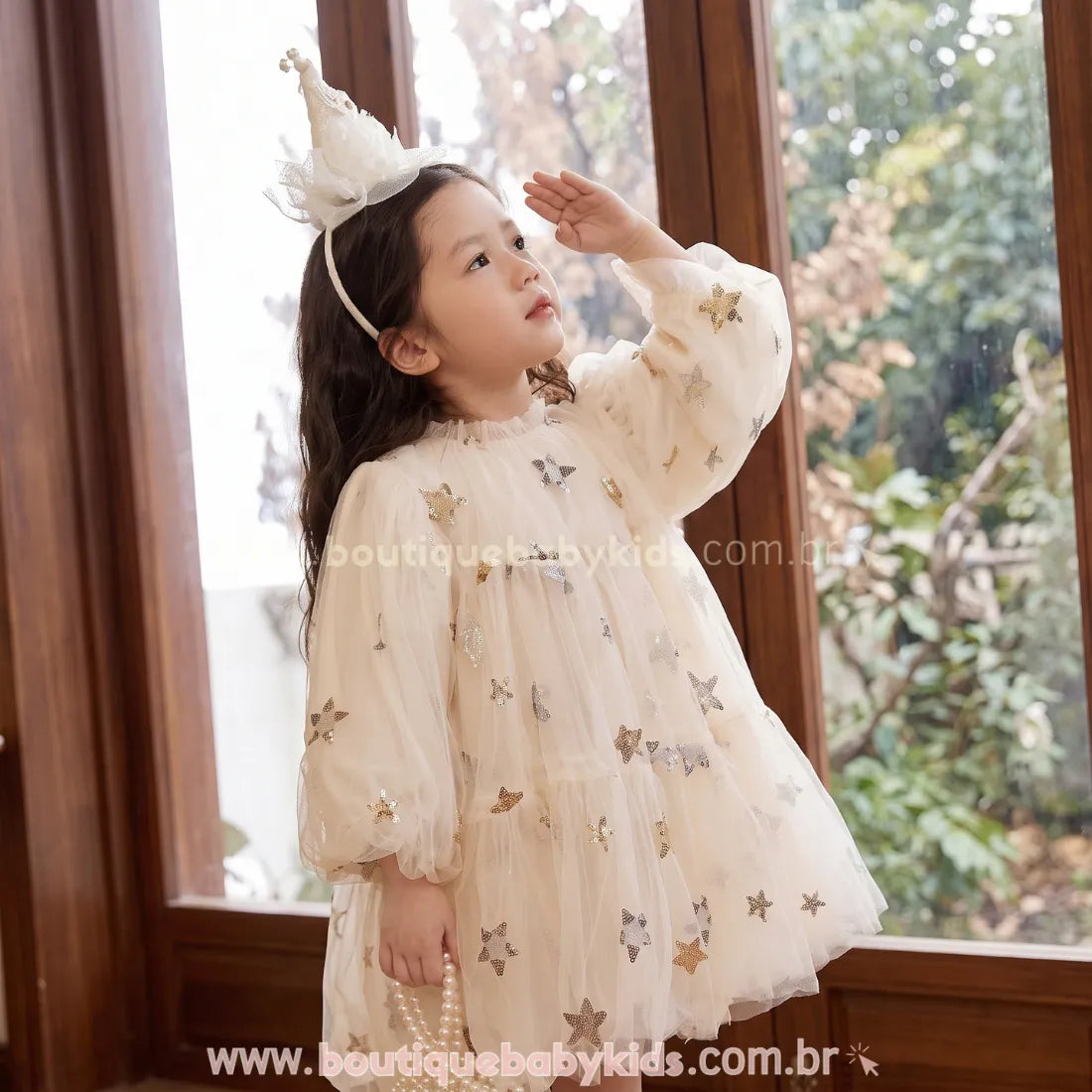Vestido Infantil Encanto das Estrelas com Tule Bege - Boutique Baby Kids