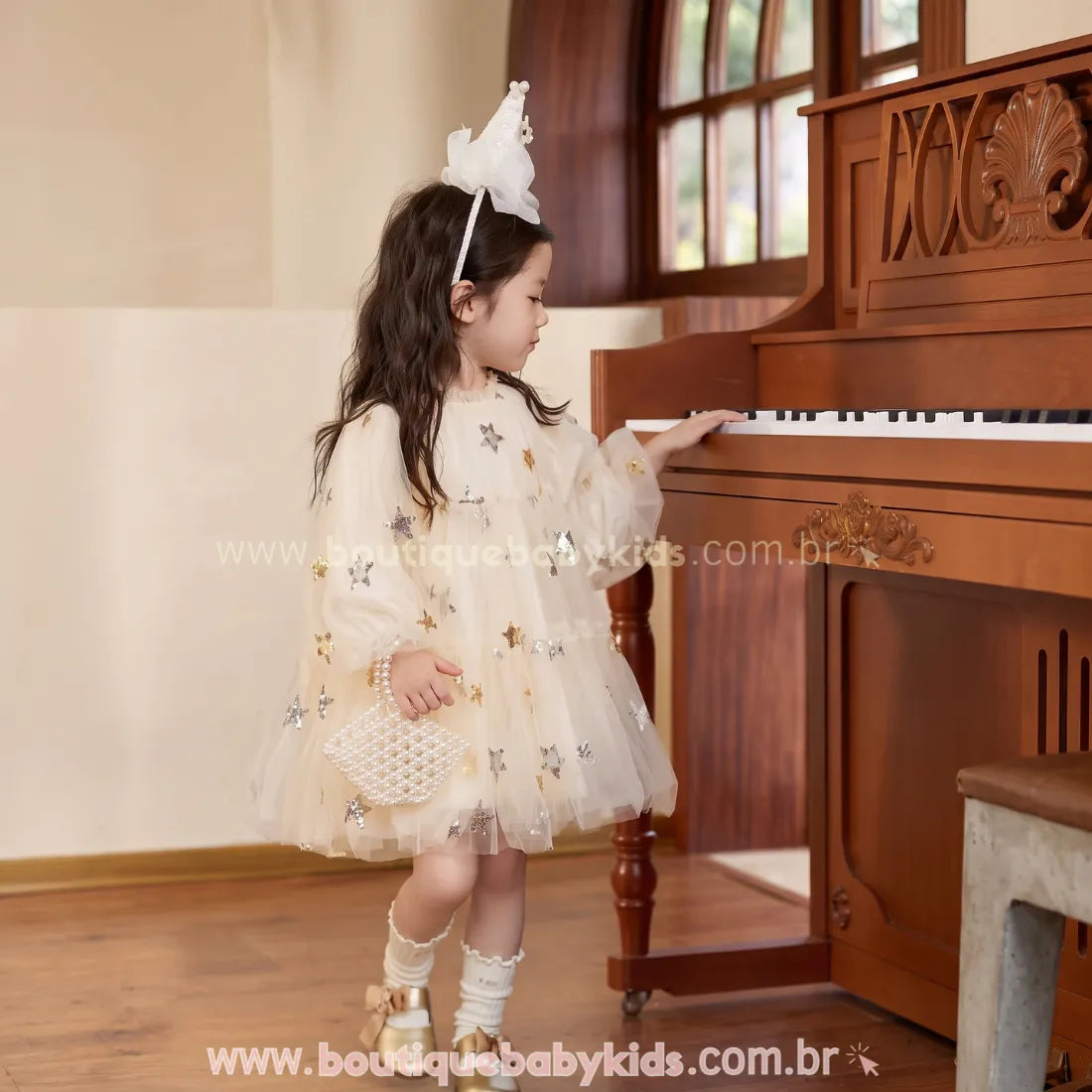 Vestido Infantil Encanto das Estrelas com Tule Bege - Boutique Baby Kids