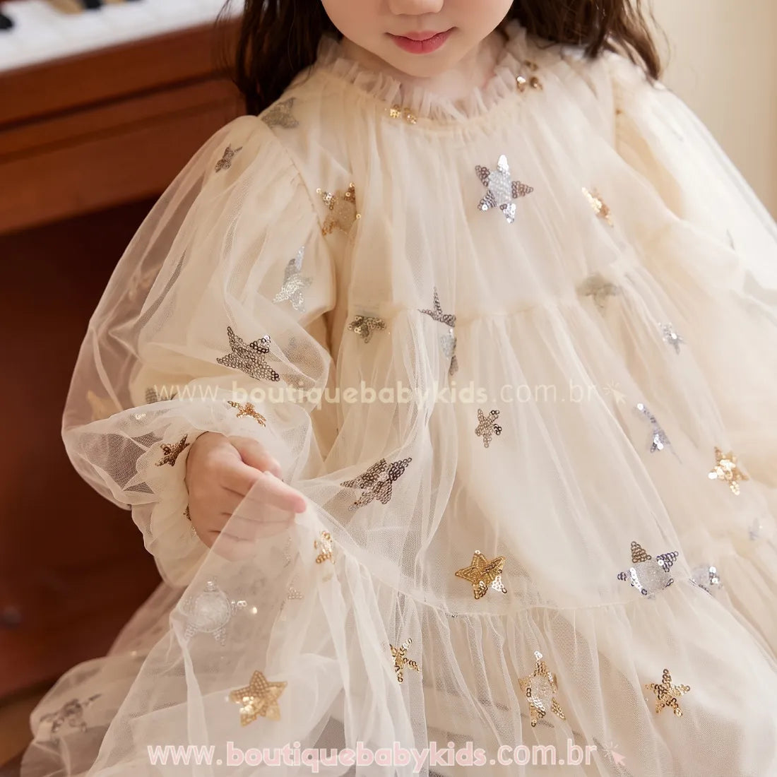 Vestido Infantil Encanto das Estrelas com Tule Bege - Boutique Baby Kids