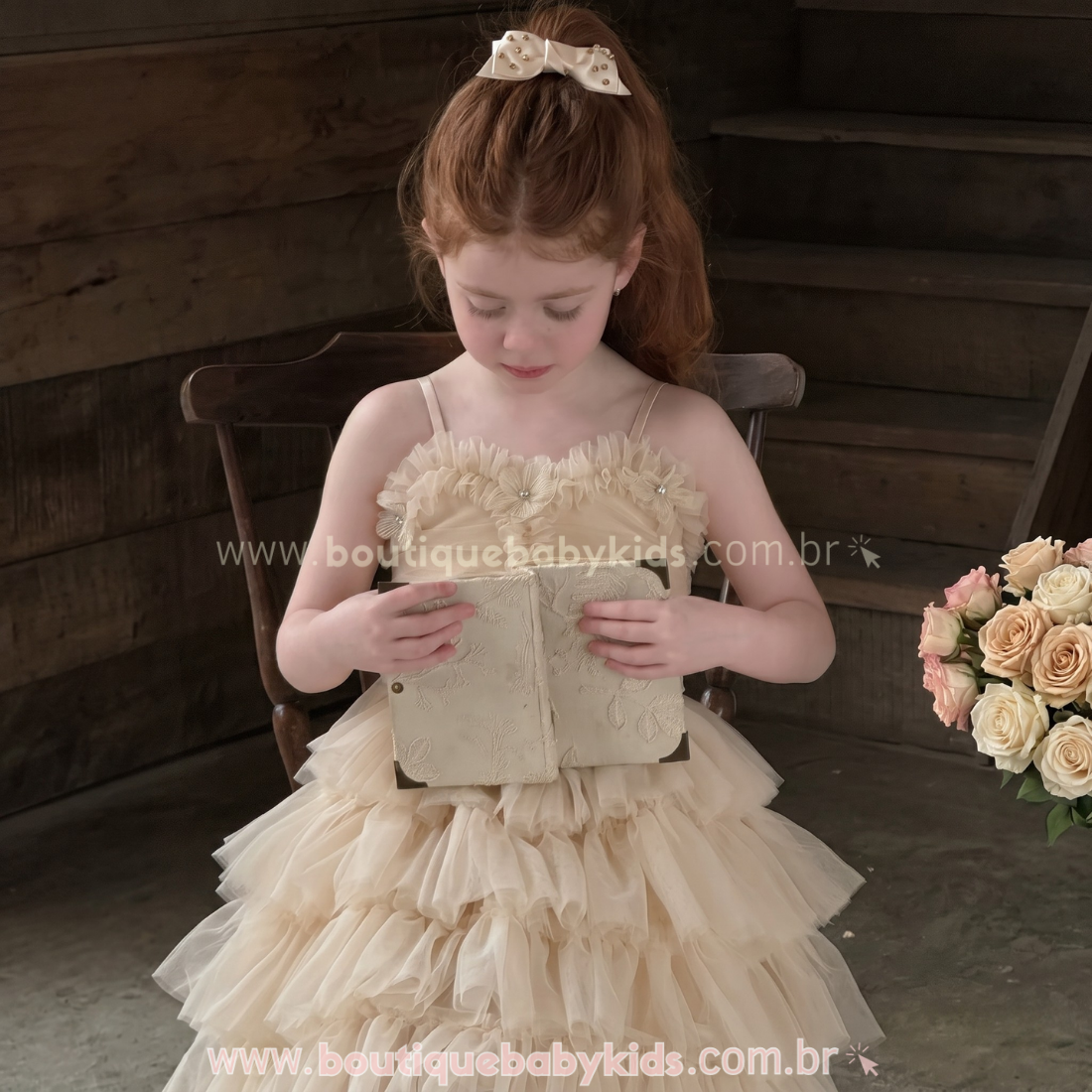 Vestido Infantil Fleur de Champagne Luxo em Tule para Festas - Boutique Baby Kids