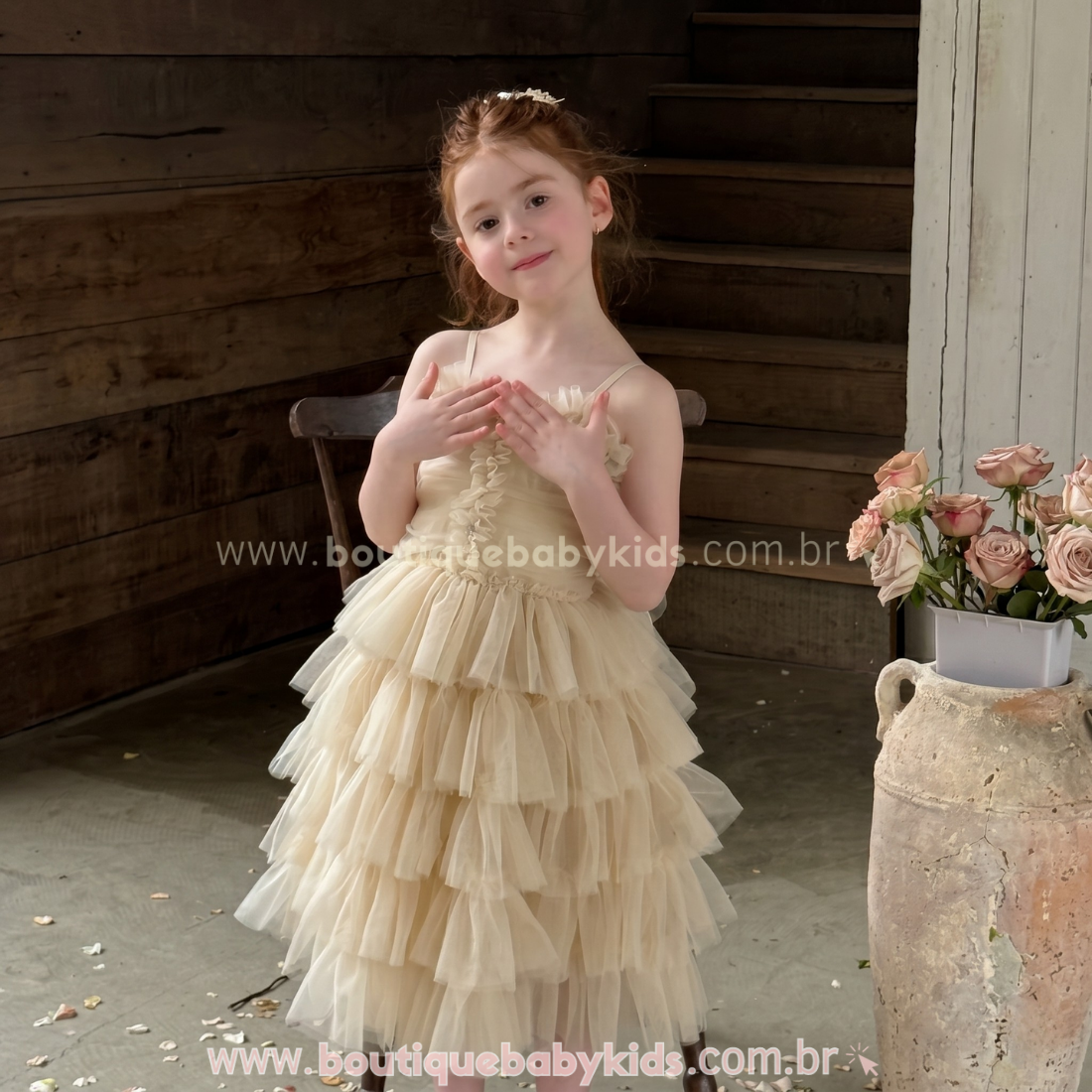 Vestido Infantil Fleur de Champagne Luxo em Tule para Festas - Boutique Baby Kids