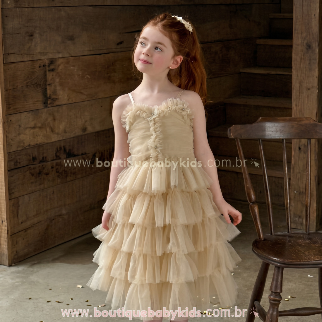 Vestido Infantil Fleur de Champagne Luxo em Tule para Festas - Boutique Baby Kids