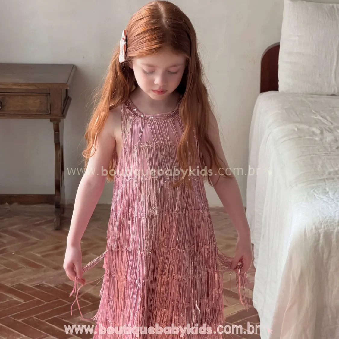 Vestido Infantil Glamour Cintilante Rosé com Franjas e Paetês Rosa - Boutique Baby Kids