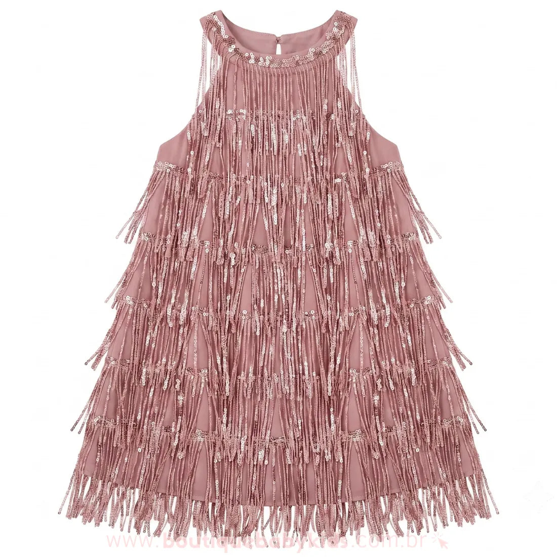 Vestido Infantil Glamour Cintilante Rosé com Franjas e Paetês Rosa - Boutique Baby Kids