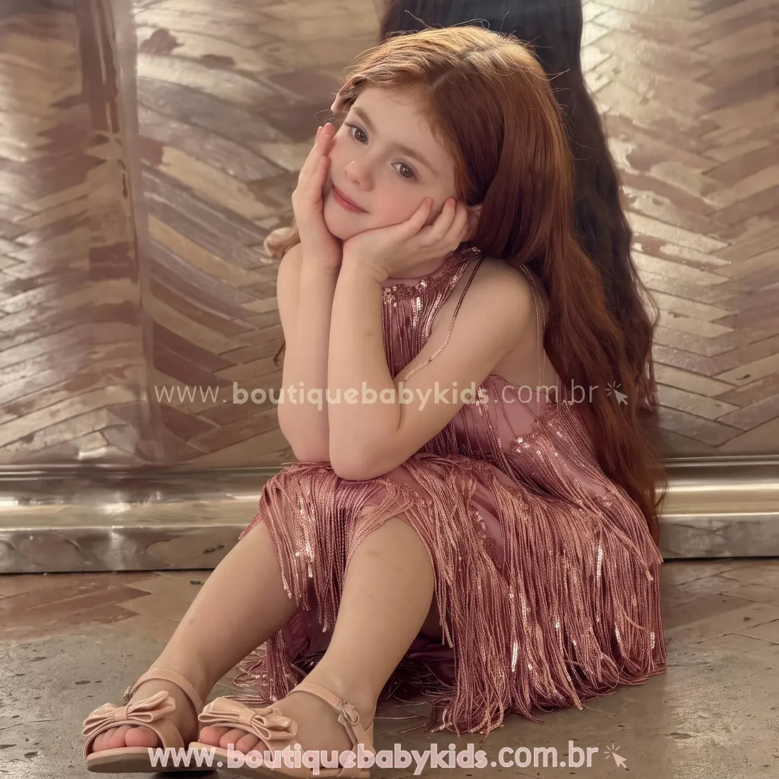 Vestido Infantil Glamour Cintilante Rosé com Franjas e Paetês Rosa - Boutique Baby Kids