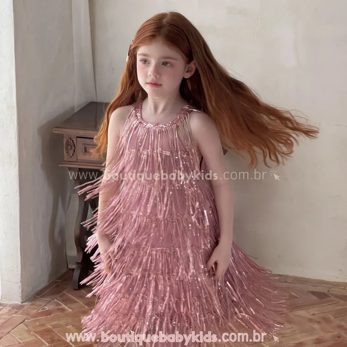 Vestido Infantil Glamour Cintilante Rosé com Franjas e Paetês Rosa - Boutique Baby Kids