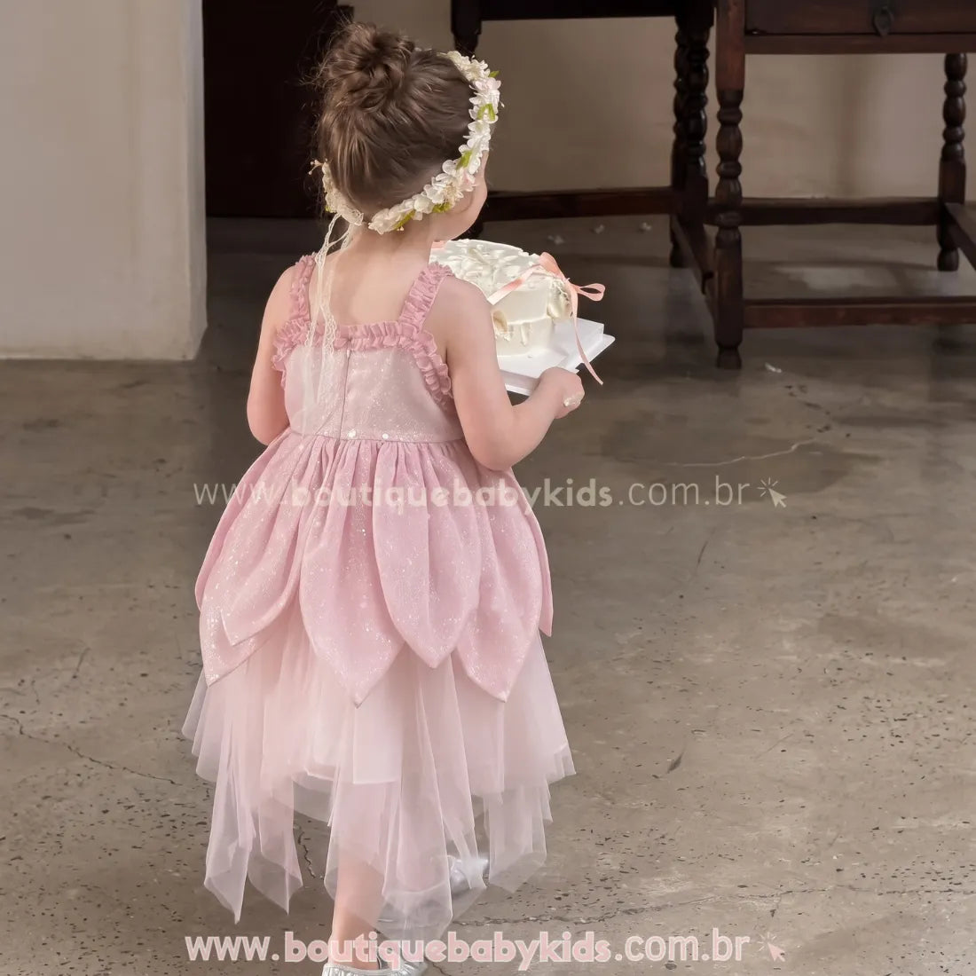 Vestido Infantil de Fadinha Jardim de Pétalas Rosa com Tule - Boutique Baby Kids