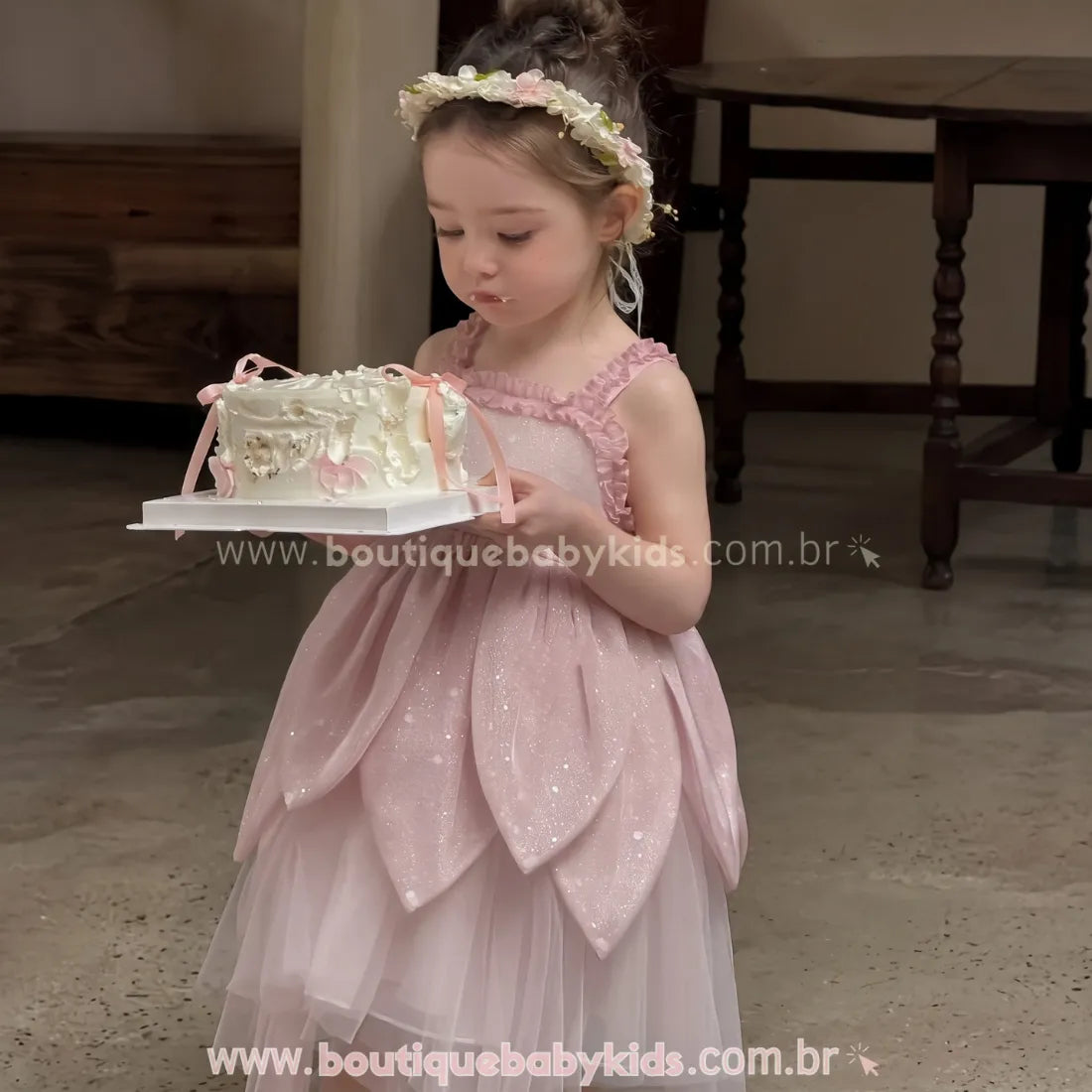 Vestido Infantil de Fadinha Jardim de Pétalas Rosa com Tule - Boutique Baby Kids