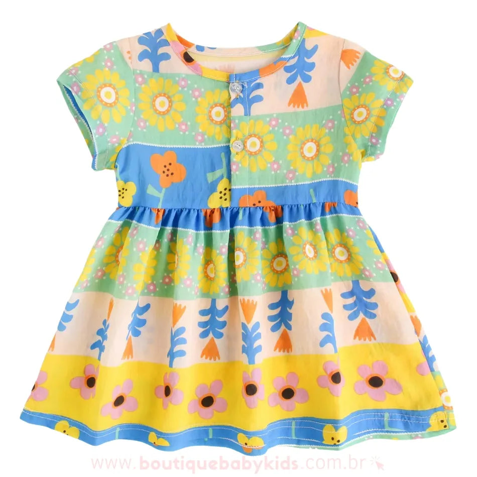 Vestido infantil estampa Jardim Florido em viscose, modelo com manga curta e botões frontais. - Boutique Baby Kids
