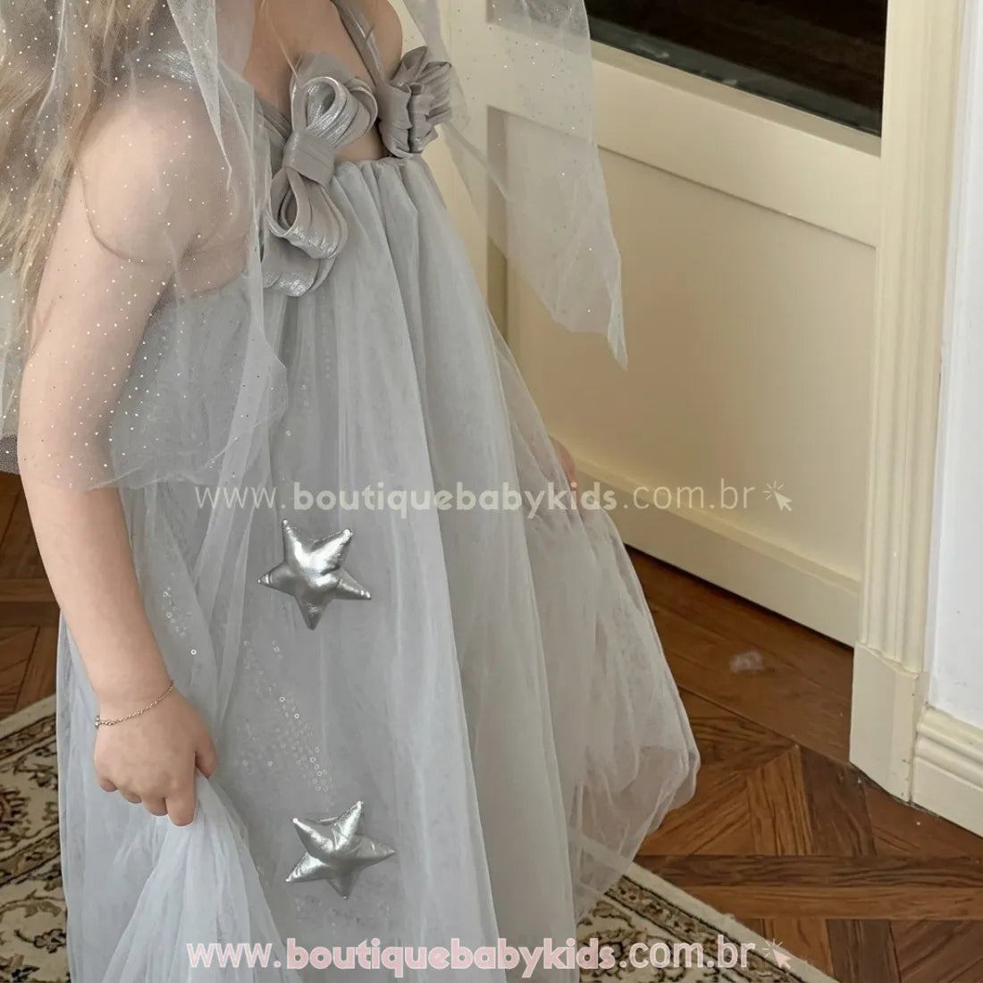 Vestido Infantil Estrelado Luar de Prata Balonê com Tule - Boutique Baby Kids