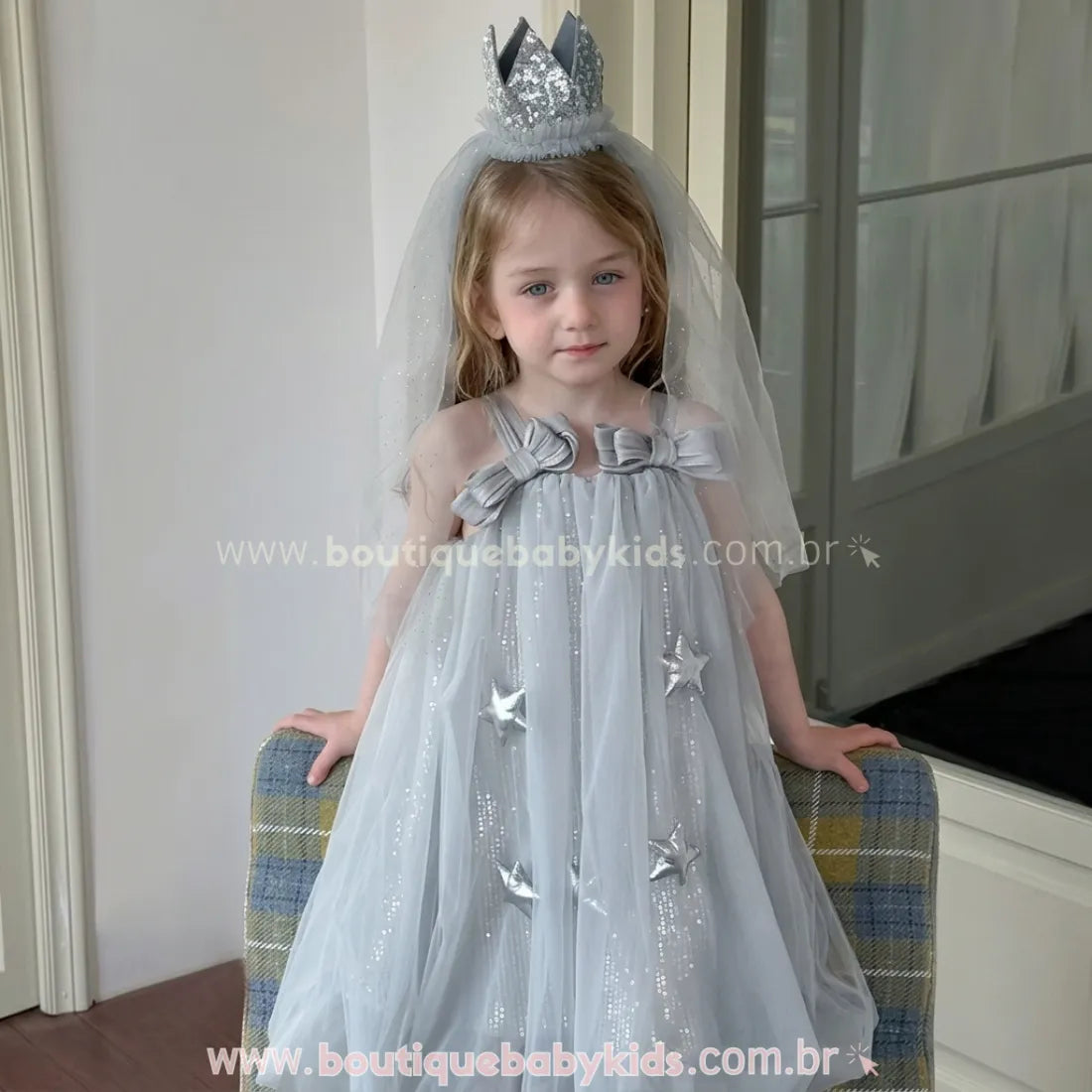 Vestido Infantil Estrelado Luar de Prata Balonê com Tule - Boutique Baby Kids